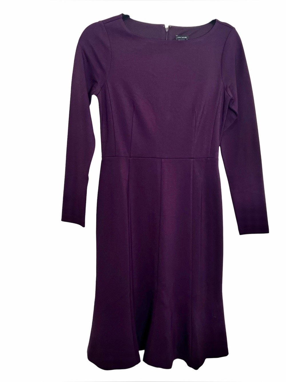 Ann Taylor Ponte Fluted Hem Midi Dress Charred Plum Sz 0 Fit & Flare Office NEW